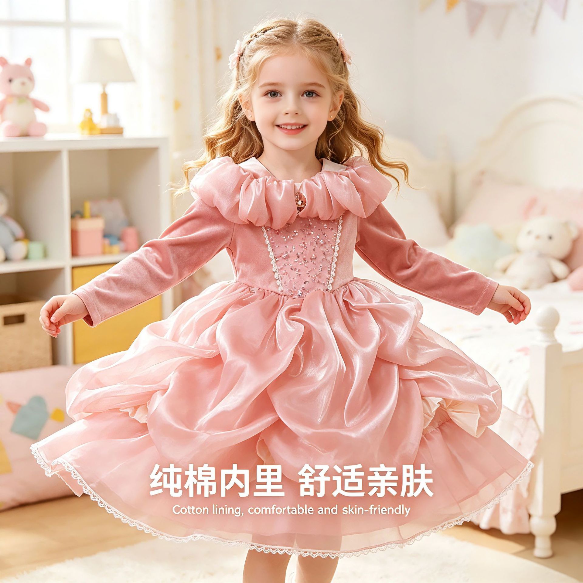 春秋女童粉色高端礼服裙欧美宫廷风电影人物扮演服花童走秀演出服