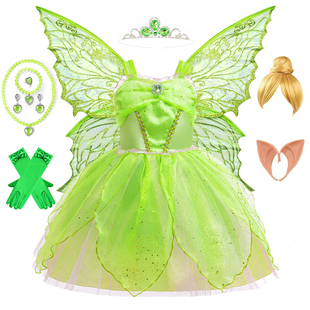 女童精灵小叮当Tinkerbell公主裙青蛙蒂安娜表演服绿色舞蹈演出服