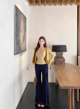 休闲套装黄色长袖开衫外套吊带背心女秋季穿搭高腰微喇叭裤三件套