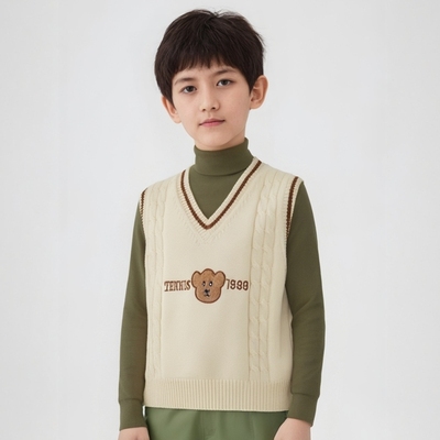 男女童V领纯棉加绒针织背心毛衣
