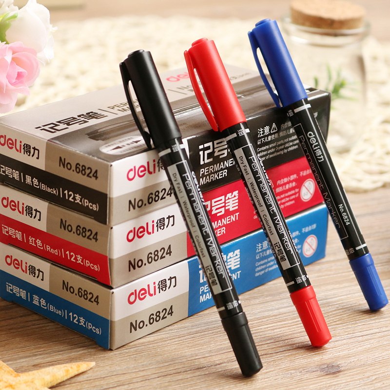 得力双头儿童绘画勾线笔画画笔大小双头记号笔油性记号笔粗细