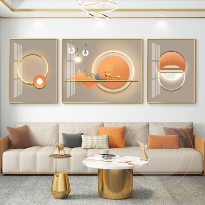 网红禄呈祥客厅装饰画现代气简约三联画大轻奢艺术挂福画高级晶感
