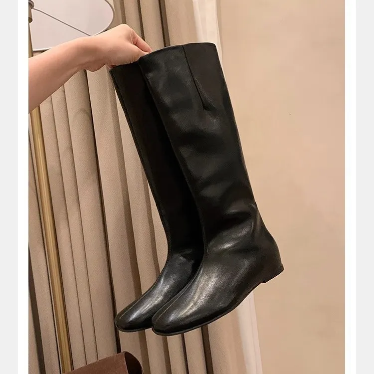 葡萄妈同款 内增高4cm~ 百搭平底柔软瘦瘦靴中筒骑士长靴女真皮鞋
