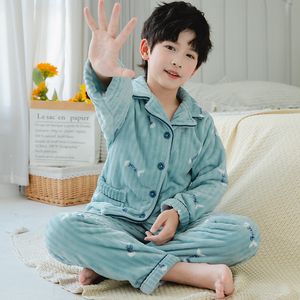 儿童睡衣男童法兰绒加绒加厚珊瑚绒秋冬季女童男孩大童家居服套装