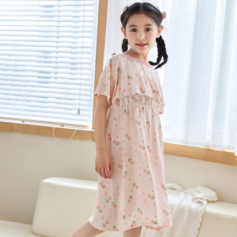女童棉绸睡裙夏季薄款短袖家居服