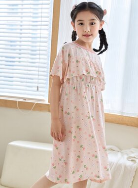 女童棉绸睡裙夏季薄款短袖家居服