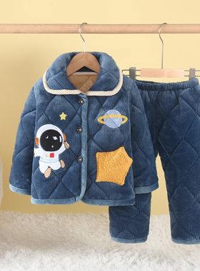 冬季加绒加厚三层夹棉男童家居服