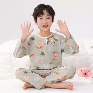 棉绸睡衣儿童夏季男童女童长袖家居服夏天小孩子大童薄款绵绸套装