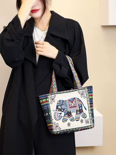 Льняная сумка, двусторонний мультяшный вместительный и большой этнический шоппер для выхода на улицу для отдыха, этнический стиль