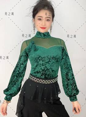 高领烫钻连档跳舞衣女长袖打底衫