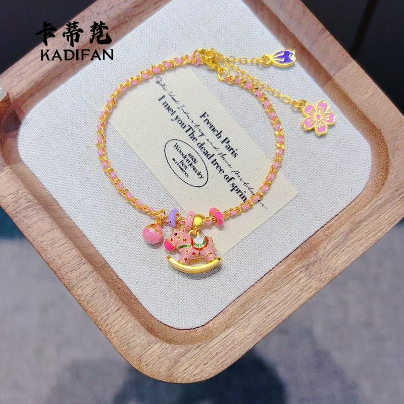 沙金粉色珐琅彩多巴胺摇摇马编织手链马上有钱花新中式编织手串