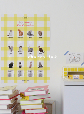 CHERRY Leb|自制2024年日历ins风可爱黄色格子猫咪海报家居装饰画