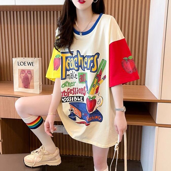复古彩色拼接纯棉短袖T恤女宽松图片