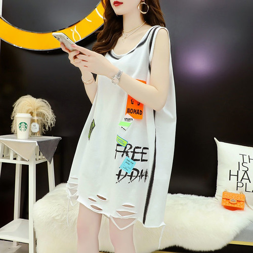 大码女背心100棉中长款无袖T破洞