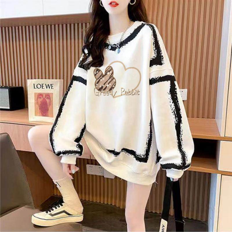 中长款圆领卫衣女加绒宽松大码慵懒风显瘦遮肚洋气春秋薄款上衣女