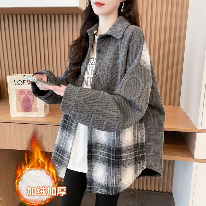 2025新款加绒宽松格子衬衫外套女