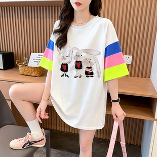 纯棉洋气ins夏季短袖时尚大码减龄中长款T恤女款宽松卡通印花上衣
