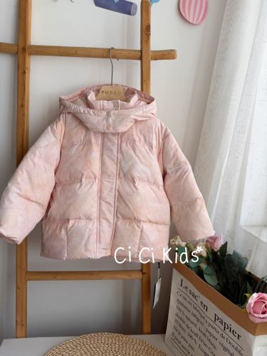 vootoo品牌冬季新款女童浅粉色连帽羽绒服扎染白鸭绒洋气休闲外套