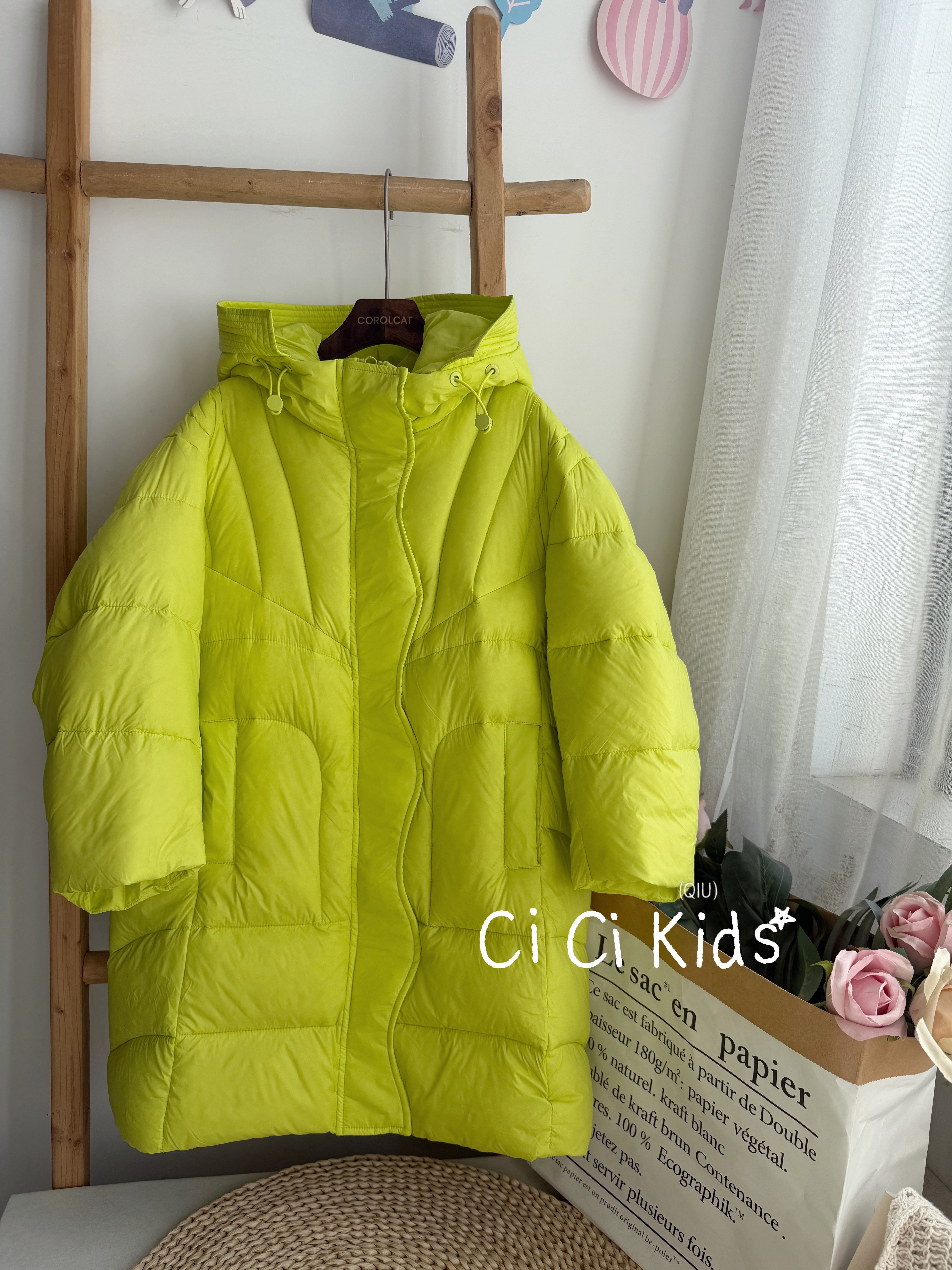 美丽童话女童冬季糖果绿泡芙羽绒服中长款连帽加厚保暖白鸭绒外套