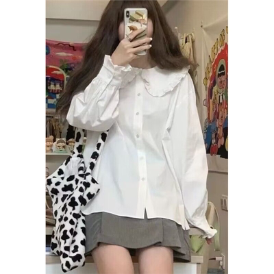 日系学生娃娃领长袖衬衫女设计感花边Lolita内搭打底衫秋冬