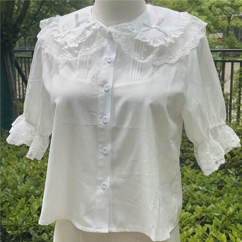 甜美清新lolita短袖娃娃领上衣夏日百搭蕾丝衬衣