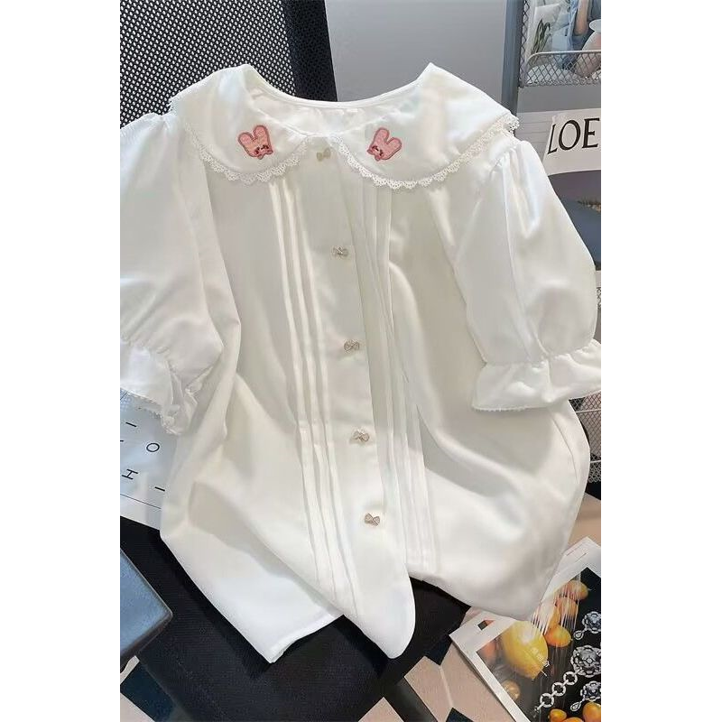 日系软妹秋冬冬季刺绣可爱设计花边娃娃甜美衬衫短袖新款荷叶衬衣