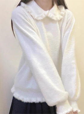 复古娃娃领仿貂绒毛衣打底衫Lolita甜美荷叶领可爱少女内搭秋冬季