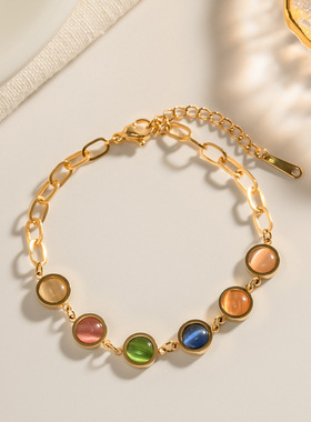 时尚天然石手链18k金不锈钢幻彩猫眼石手链钛钢不掉色个性女手链