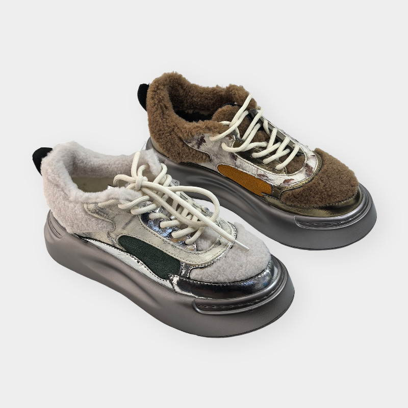 新年特惠秋季新款真皮系带厚底松糕鞋女羊毛拼色洋气休闲老爹鞋