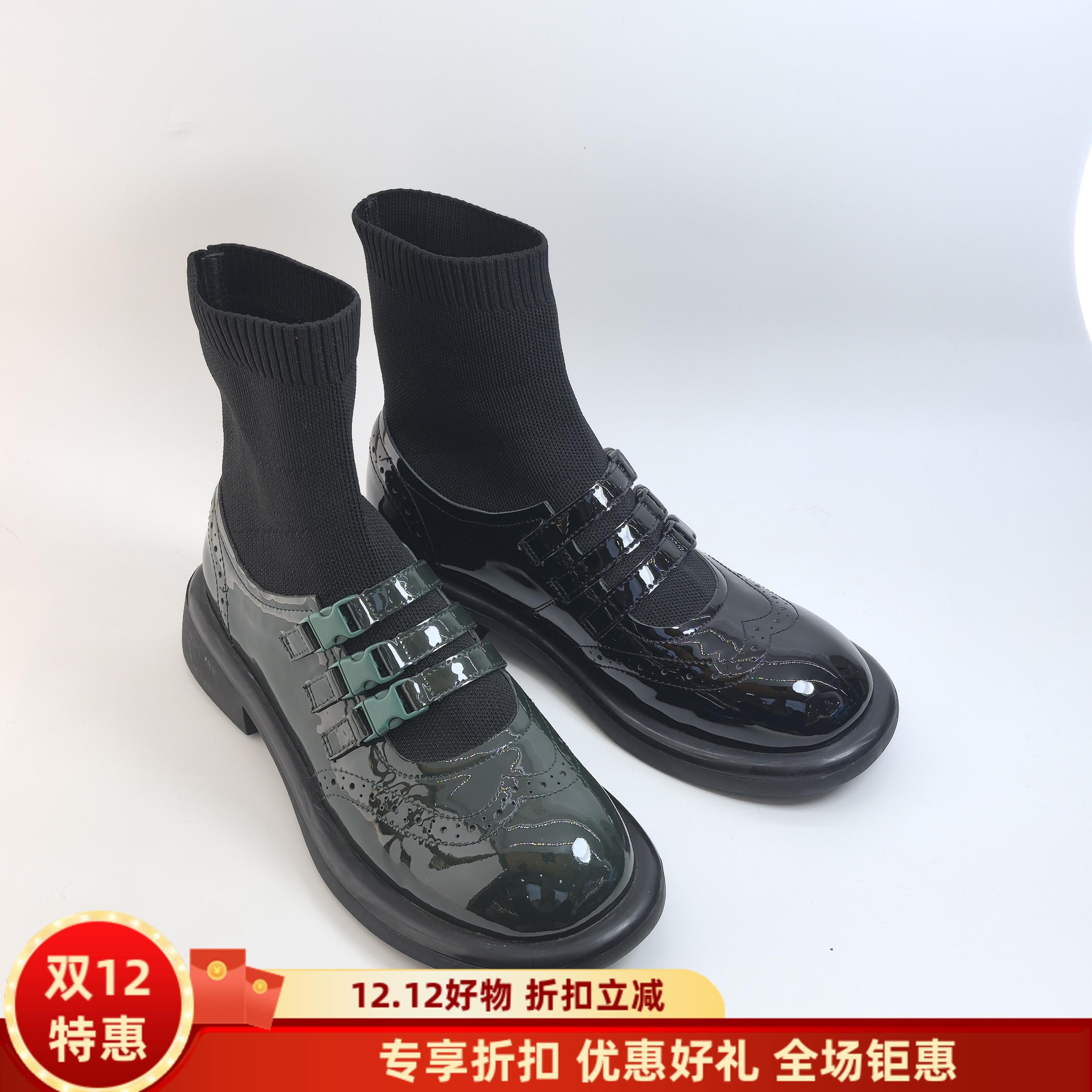 贝丝丽尔英伦风漆面牛皮真皮垫脚设计师款欧洲站短筒时尚袜靴女鞋