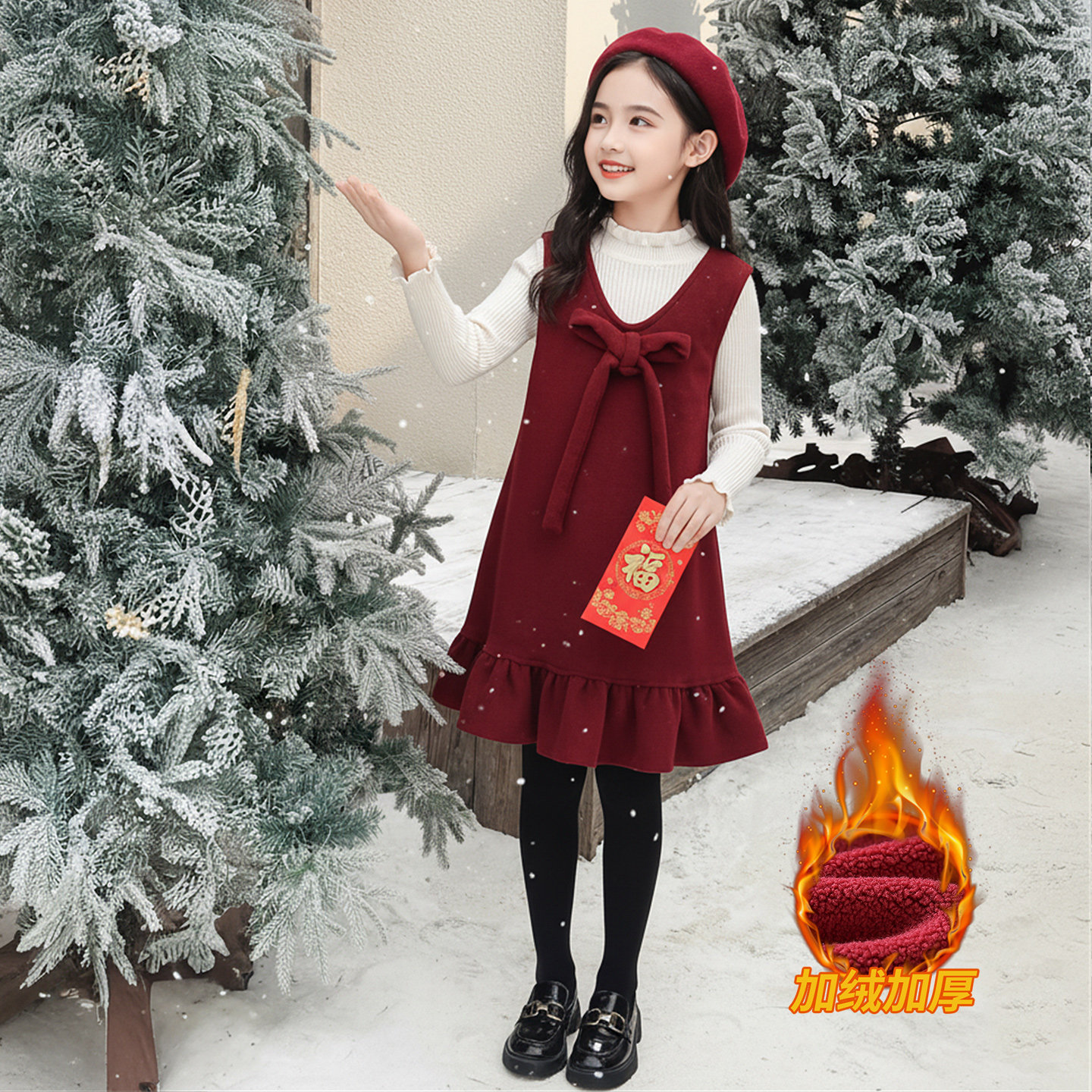 女童冬季加绒年服连衣裙套装2025新款儿童打底衫呢子裙两件套冬装
