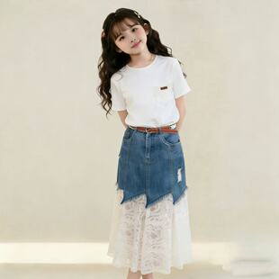 女童夏季2026新款套装儿童时尚中大童短袖牛仔半身裙夏装两件套潮