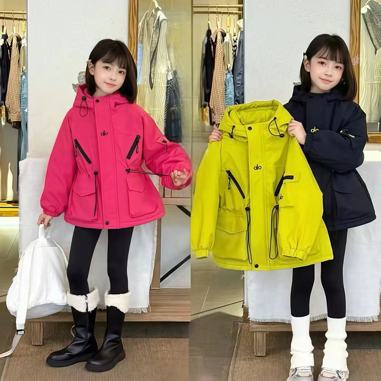 派克服加绒冬冲锋衣加棉加厚外套女童秋冬2025新款中长款收腰棉服