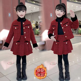 女童冬季小香风套装2025新款儿童洋气时髦女孩加绒加厚过年服冬装
