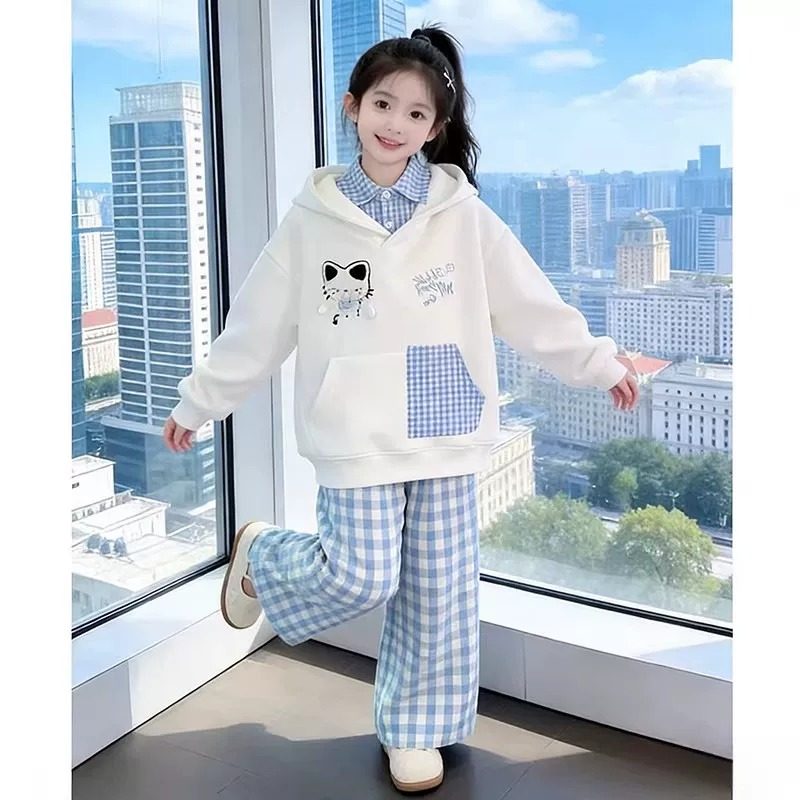 女童春装卫衣两件套2026新款女孩韩版假两件上衣格子休闲裤春秋款,童装/婴儿装/亲子装,套装,淘宝优惠券,粉丝福利购,淘宝优惠卷