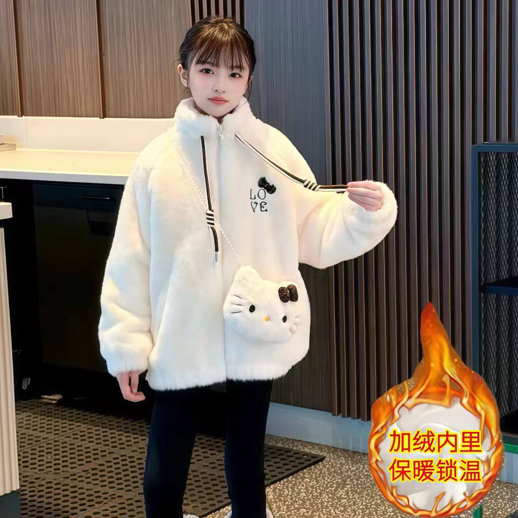 女童加绒毛毛棉衣冬装中大童超可爱kt猫棉服洋气冬季立领夹棉外套
