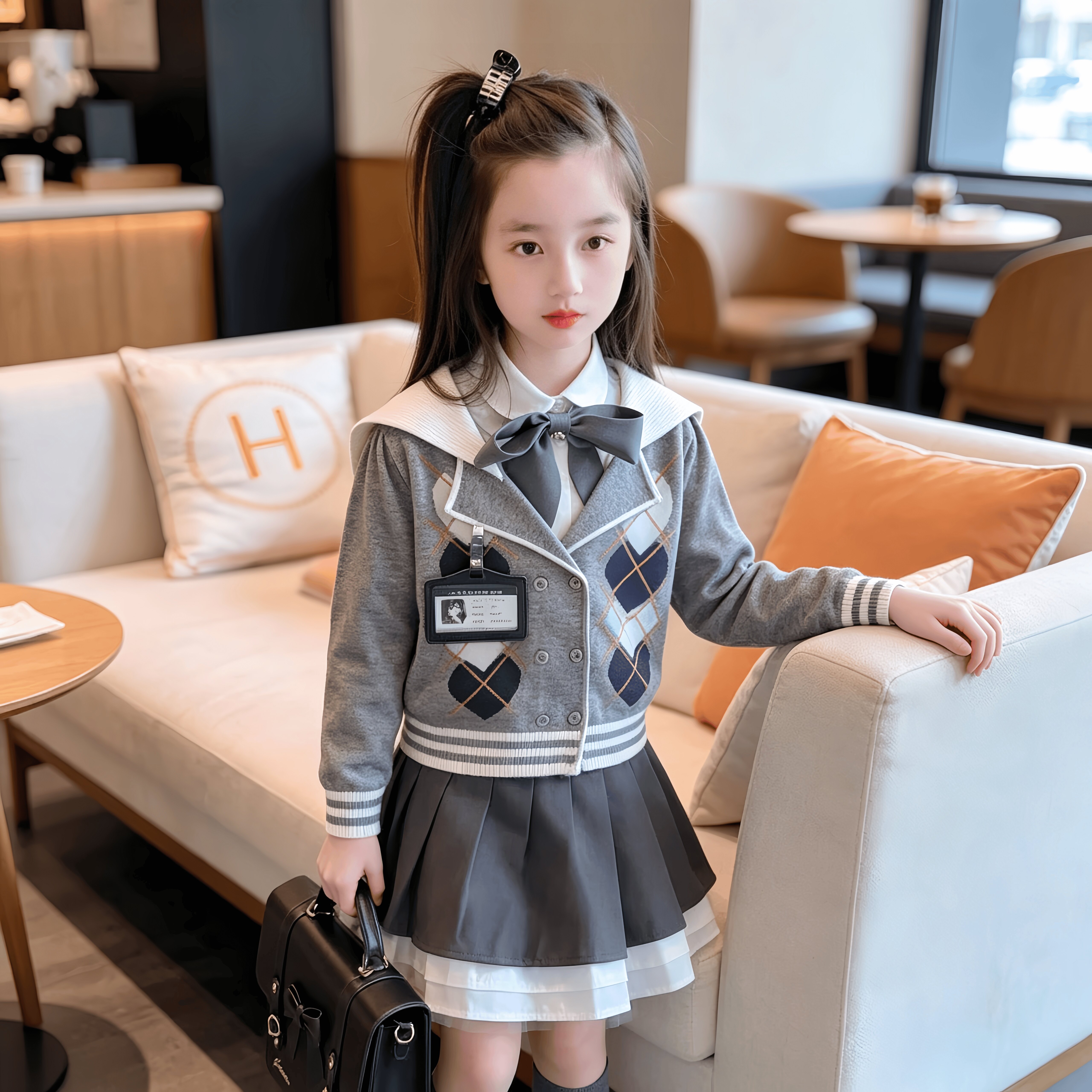 女童秋季JK裙套装2026新款儿童洋气时尚中大童毛衣短裙秋装三件套