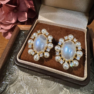 设计师耳夹珍珠母贝耳钉女轻奢高级水钻花朵气质法式复古优雅耳环