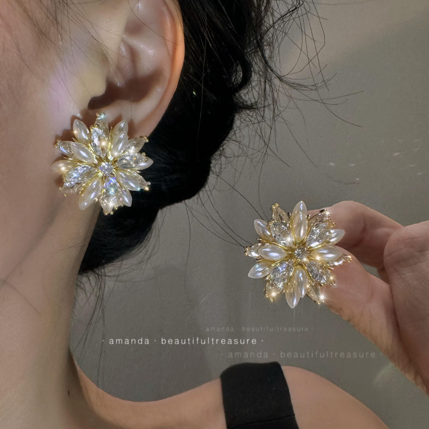 金色花朵轻奢华精致优雅网红耳环女小众气质高级珍珠港风镶钻耳饰