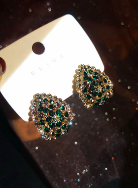 轻奢满钻水滴形耳钉绿色锆石耳环高级感小众设计气质复古低调耳饰