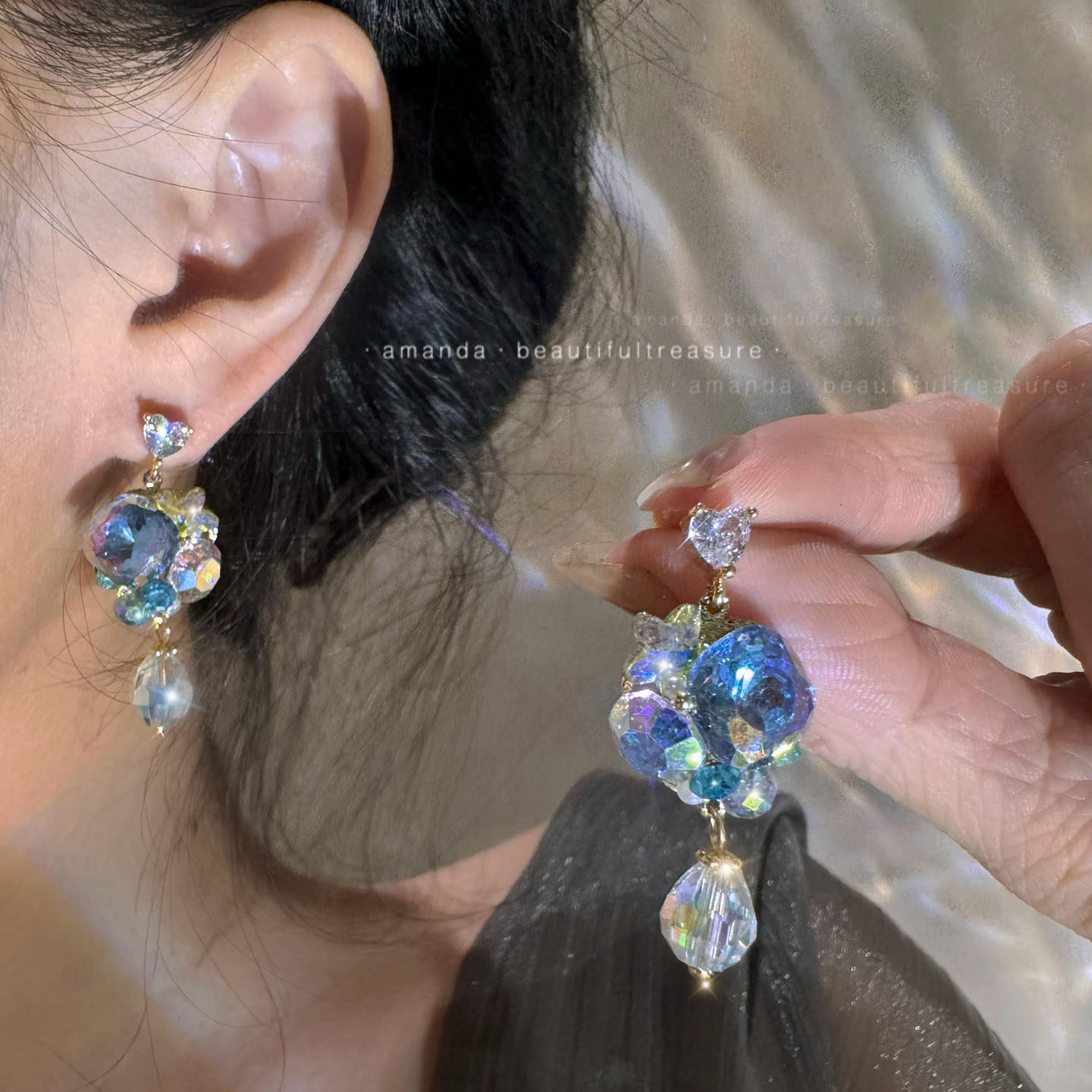 很闪~蓝色水晶花朵耳环女长款流苏耳坠轻奢小众氛围感设计感耳饰