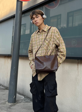 YUEN韩版复古单肩斜挎大容量托特包男女pu皮邮差腋下hobo通勤背包