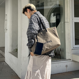 YUEN日系通勤复古休闲字母大容量帆布包托特包简约单肩通勤包男女