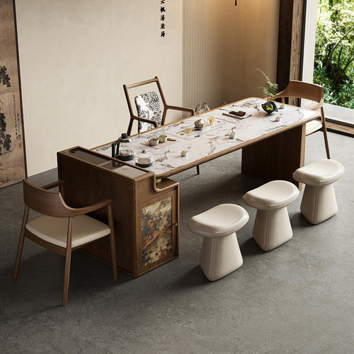 新中式实木茶桌宋式美学胡桃木2025新款高端轻奢高级感岩板泡茶台