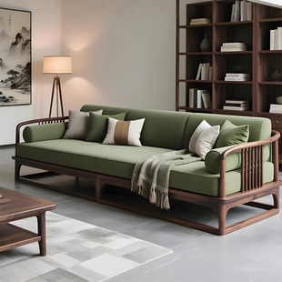 新中式 美学榫卯结构原木风客厅沙发 黑胡桃木实木沙发三人位宋式