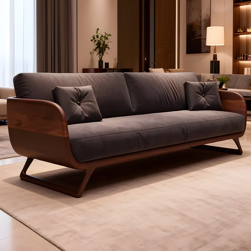 新中式实木沙发宋式美学家用新款高端北美黑胡桃木真皮直排沙发