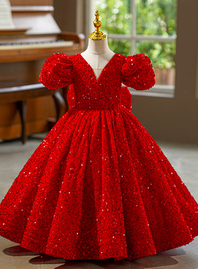 公主裙生日霸气蓬蓬裙钢琴演奏演出服2025新款轻奢红色亮片晚礼服