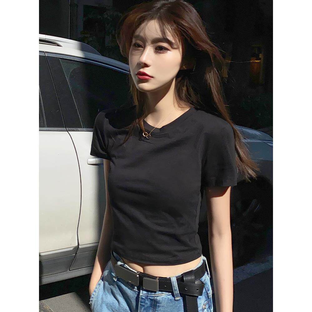 黑色纯棉正肩短袖T恤女2025夏季新款小个子高腰短款露脐半袖上衣