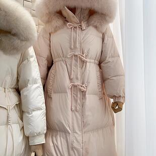 羽绒服女2024冬季新款韩系甜美狐狸毛领收腰显瘦长款白鸭绒外套