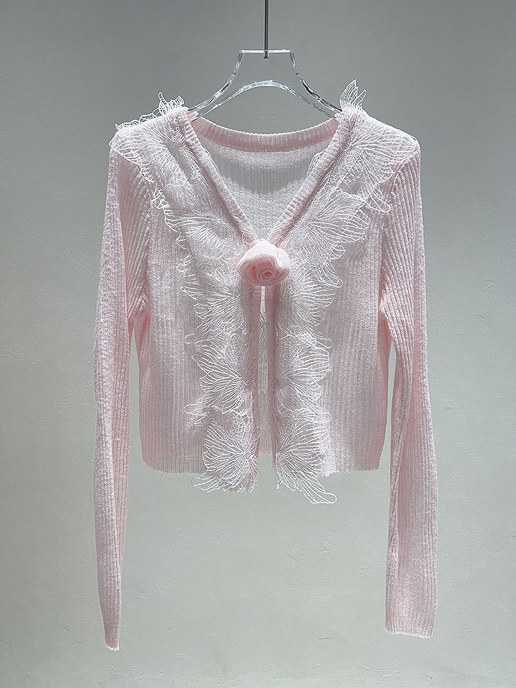 针织开衫女2024夏季新款时尚设计感小众蕾丝花片糖果色防晒上衣